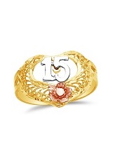 catchy 15 years heart yellow, rose, and white gold baby ring